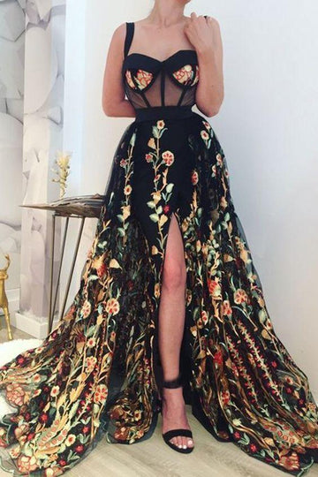 Simple Long Prom Dresses Lace Cheap Slit Party Gowns Evening Dress HZ1023